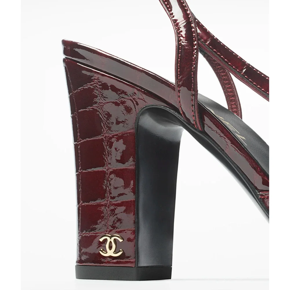 Chanel 26A Burgundy Black Crocodile Coco Sling Slingback Block Heel Pump 40c